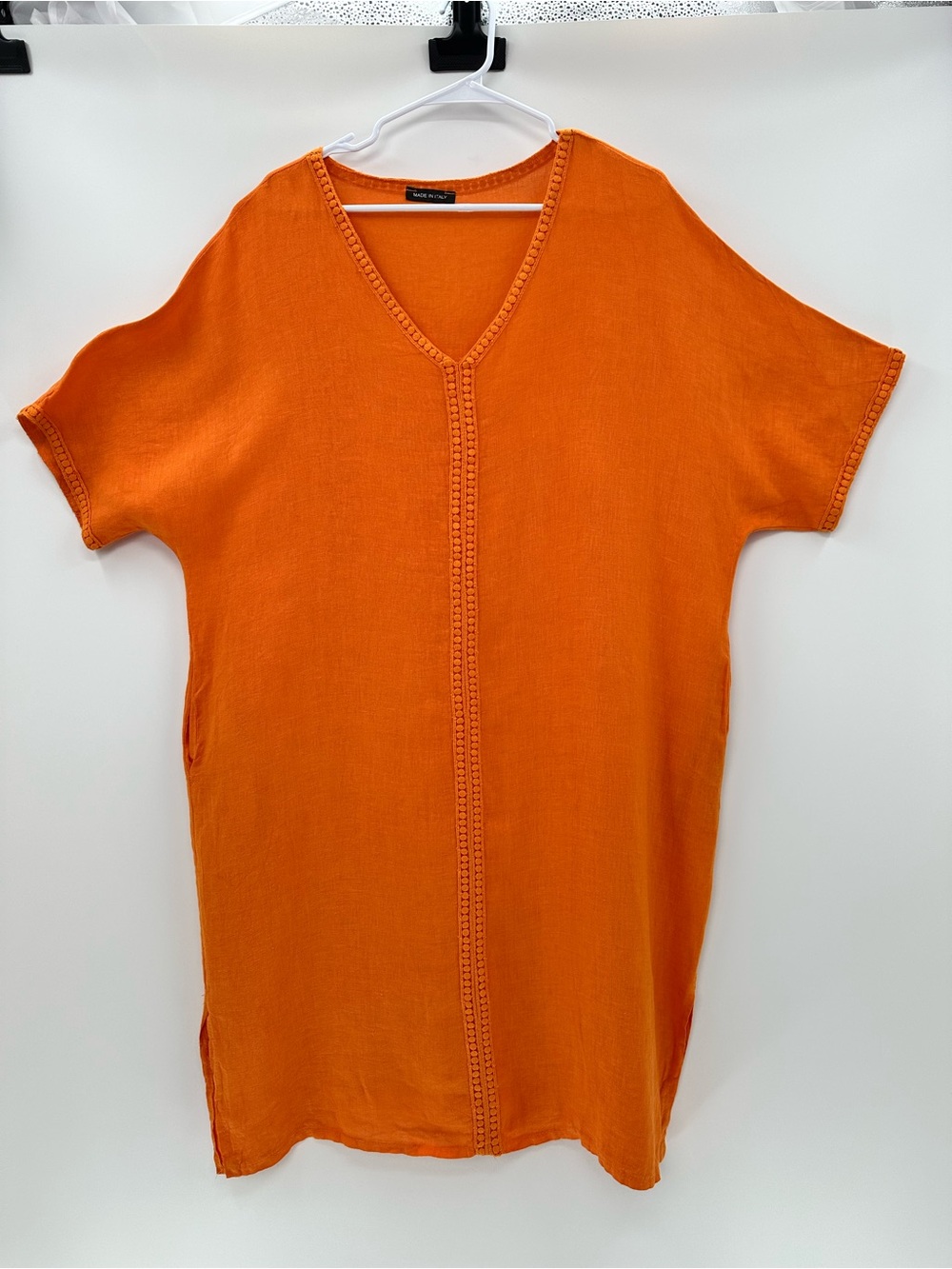 100% Italian Linen Women’s Orange V-Neck Resortwear Tunic/Dress L/XL